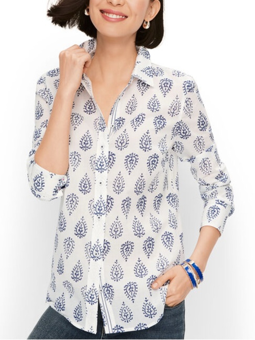 100% Cotton Talbots Classic Cotton Shirt Woodblock Paisley White Blue Button Up
